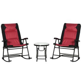 3 Piece Outdoor Patio Furniture Set with Glass Coffee Table & 2 Folding Padded Rocking Chairs, Bistro Style for Porch, Camping, Balcony, Red (Color: as Pic)