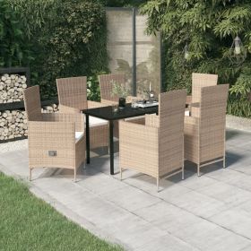 7 Piece Patio Dining Set with Cushions Beige (Color: Beige)